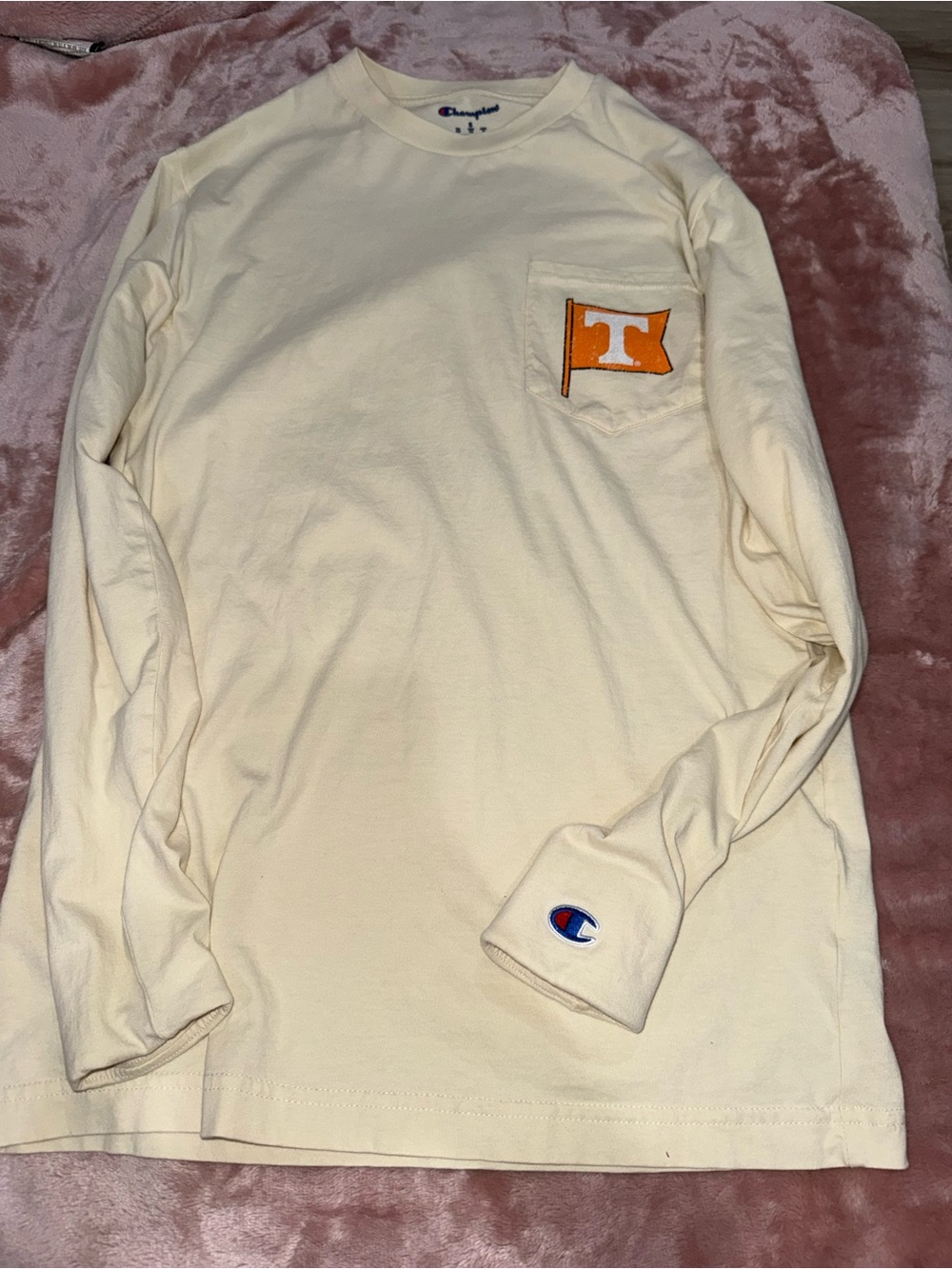 Champion Long-Sleeve Pocket Tee in Cream with Orange Flag